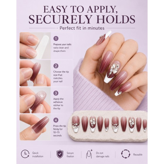 Wine‑Red Ombre French Pearl Rhinestone Long Tapered Coffin Press‑On Nails, Retro Luxury False Nails for Party